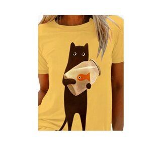 Cat Carrying a Goldfish Tee Shirt Yellow Choose Your Size